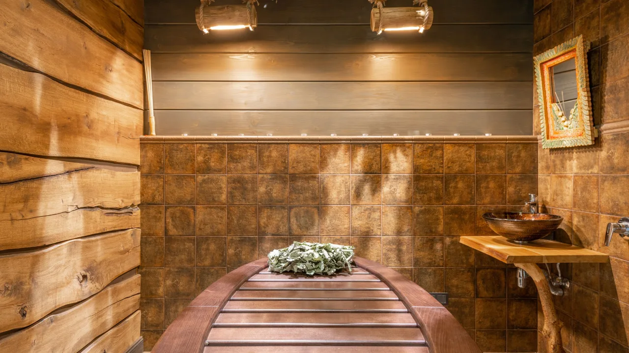 Warm wooden spa room with a treatment couch and pendant lights